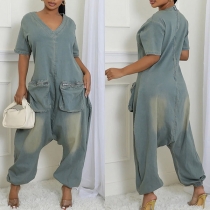 Fashion V-neck Short Sleeve Patch Pockets Loose Old-washed Denim Jumpsuit