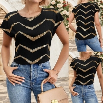 Fashion Contrast Color Wave Printed Crew Neck Short Sleeve Shirt