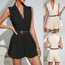 Elegant Notch Lapel V-neck Sleeveless Romper