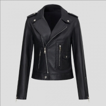 Fashion Notch Lapel Long Sleeve Slant Zipper Artificial Leather PU Jacket