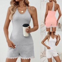 Fashion Lace Spliced Two-piece Loungewear Set Consist of Backless Shirt and Shorts