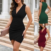 Fashion Solid Color V-neck Sleeveless Irregular Hemline Bodycon Dress