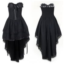 Vintage Strapless Sweetheart Neckline Front Buckle Tiered Lace Spliced High-low Hemline High-rise Party Dress