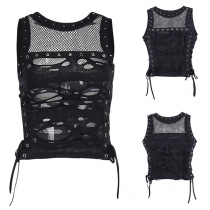 Vintage Hollowout Square Neck Sleeveless Side Lace-up Fishnet Shirt