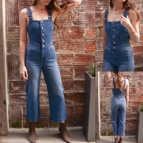 Fashion Front Button Square Neck Adjustable Shoulder Strap Straight-cut Denim Jumpsuit