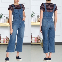 Fashion Front Button Square Neck Straight-cut Old-washed Denim Jumpsuit
