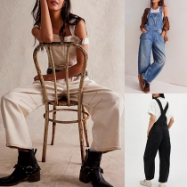 Street Fashion Patch Pocket Loose Old-washed Denim Suspender Jumpsuit