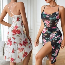Fashion Floral Printed Draped Neck Irregular Hemline Slip Nightwear Dress