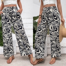 Bohemia Style Paisley Printed High-rise Straight-cut Pants