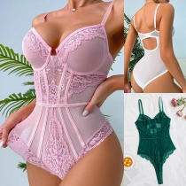 Sexy Lace Spliced Gauge Semi-through Push-up Lingerie Bodysuit