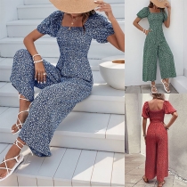 Fashion Floral Printed Square Neck Short Sleeve Wide-leg Jumpsuit