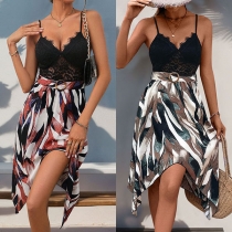 Abstract Print Slip Dress with Delicate Lace Trim