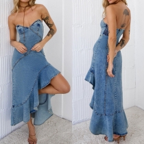 Fashion Strapless Ruffle Irregular Hemline Old-washed Denim Dress