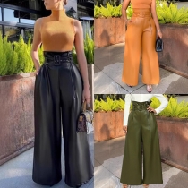 Fashion High-rise Wide-leg Artiicial Leather PU Pants with Belt