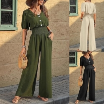 Elegant V-Neck Jumpsuit - Short Sleeve Wide-Leg Design with Cinched Waist