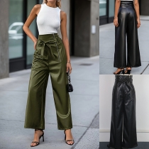 High-Waisted Faux Leather Pants - Casual Loose Fit with Belt Detail and Zipper Closure