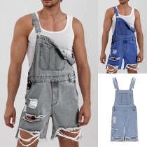 Distressed Denim Overall Shorts - Casual Fashion Style with Ripped Detail