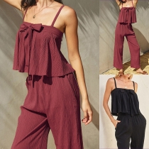 Fashion Two-piece Set Consist of Bowknot Cami Shirt and Straight-cut Pants