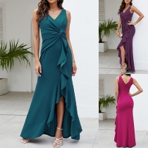 Fashion V-neck Sleeveless Front Ruffle Slit Maxi Party Dress