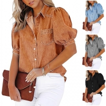 Fashion Stand Collar Puff Short Sleeve Front Button Shirt