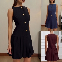 Elegant Crew Neck Sleeveless Front Button Pleated Mini Dress