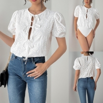 Fashion Front Bowknot Crew Neck Short Sleeve Lace Bodysuit