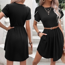 Fashion Crew Neck Lace Spliced Short Sleeve Irregular Hemline Mini Dress