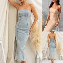 Sexy Strapless Old-washed Denim Bodycon Dress