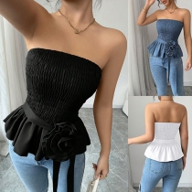 Sexy Strapless Ruffle Hemline Smocked Shirt with 3D-rose Belt