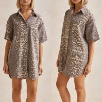 Fashion Leopard Printed Stand Collar V-neck Short Sleeve Shirt