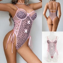 Sexy Lepard Printed Gauze Spliced Side Lace-up Bowknot Backless Lingerie Bodysuit