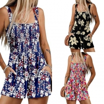 Bohemian Style Floral Printed Sweetheart Neckline High-rise Cami Romper