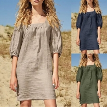 Comfy Solid Color Square Neck Elbow Sleeve Loose Cotton and Linen Dress