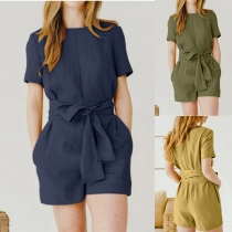 Comfy Solid Color Crew Neck Short Sleeve Side Pockets Self-tie Cotton and Linen Romper