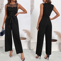 Fashion Crew Neck Sleeveless 3D Floral Jacquard Self-tie Straight-cut Jumpsuit