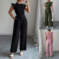 Fashion Ruffle Crew Neck Sleevelss Self-tie Straight-cut Jumpsuit