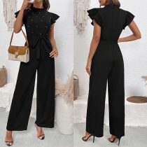 Fashion Beaded Ruffle Round Neck Sleeveless Self-tie Straight-cut Jumpsuit