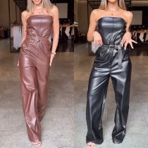 Faux Leather Jumpsuit with Tube Top Design, Belted Waist and Straight Leg Cut