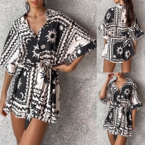 Bohemia Style Sun Moon Printed V-neck Short Sleeve Romper