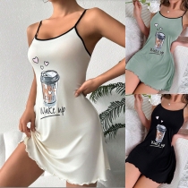 Comfy Letter-Wake Up Coffee Printed Slip Nightwear Dress
