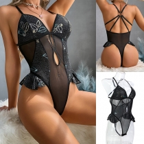 Sexy Bling-bling Floral Printed Front Cut Out Ruffle Semi-through Lingerie Bodysuit