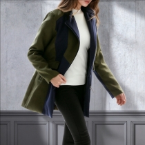 Fashion Contrast Color Slant Zipper Lapel Long Sleeve Duffle Jacket