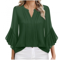 Fashion Solid Color V-neck Elbow Sleeve Ruffle Chiffon Shirt