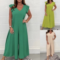 Fashion V-neck Ruffle Sleeveless Loose Jumpsuit