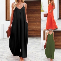 Casual Solid Color V-neck Side Pockets Loose Jumpsuit