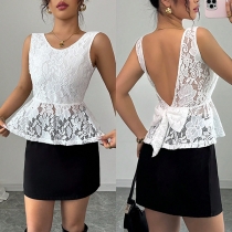 Fashion Crew Neck Sleeveless Backless Bowknot Lace Shirt