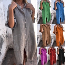 Comfy Solid Color Elbow Sleeve Front Button Cotton and Linen Dress