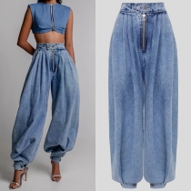 Retro Balloon Jeans - High-Waisted Loose Fit with Zipper Detail for Casual Wear
