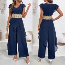Elegant Jumpsuit with V-Neck Design and Lace Detail