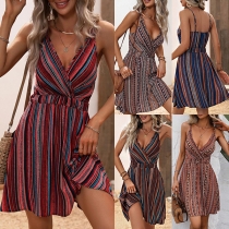 Fashion Colorful Stripe Printed V-neck High-rise Slip Dress